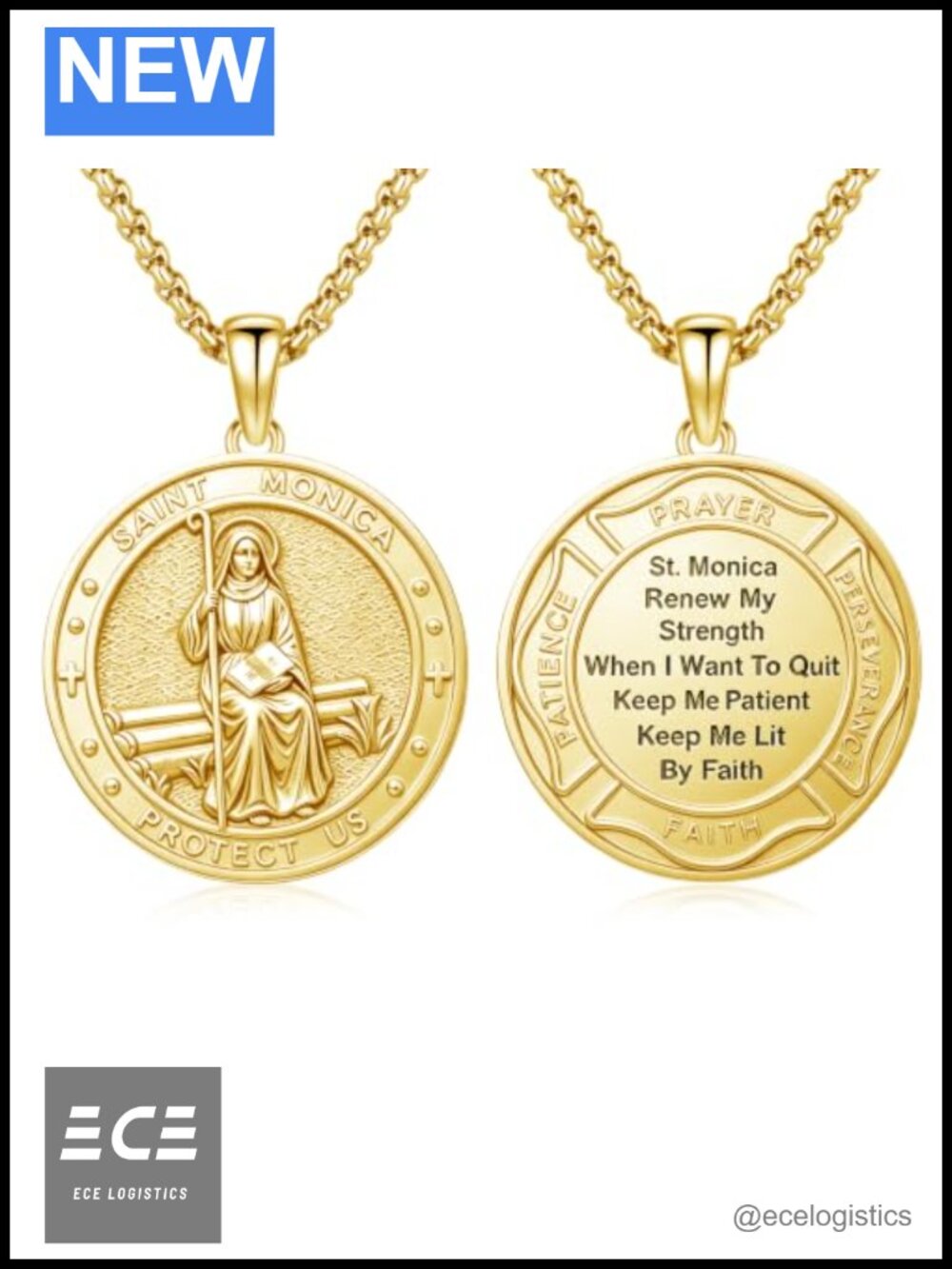 14K Gold Plated St Monica Medal Pendant Necklace Stainless Steel Chain